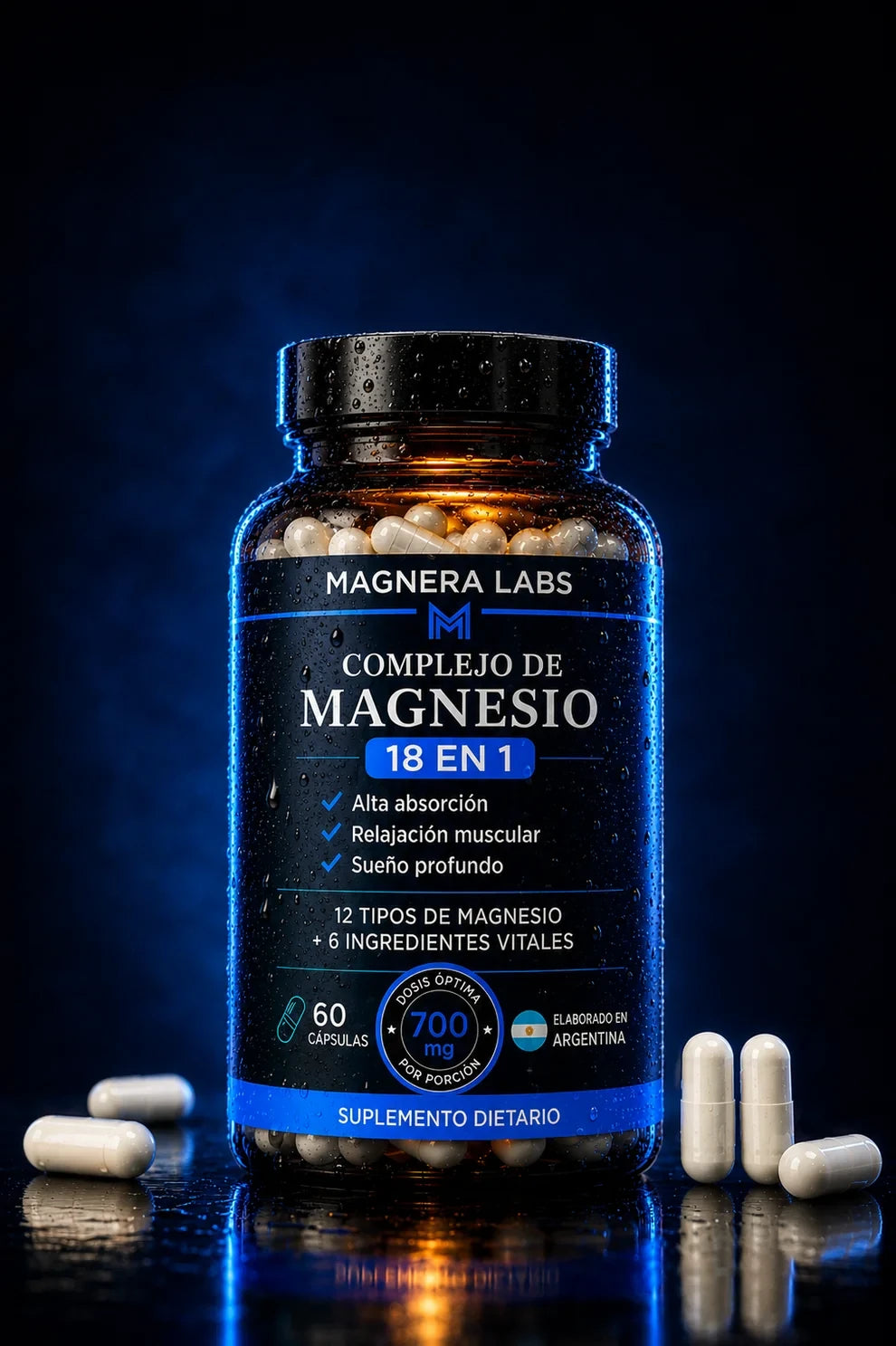 Frasco y cápsulas de Magnera Labs Complejo de Magnesio 18 en 1